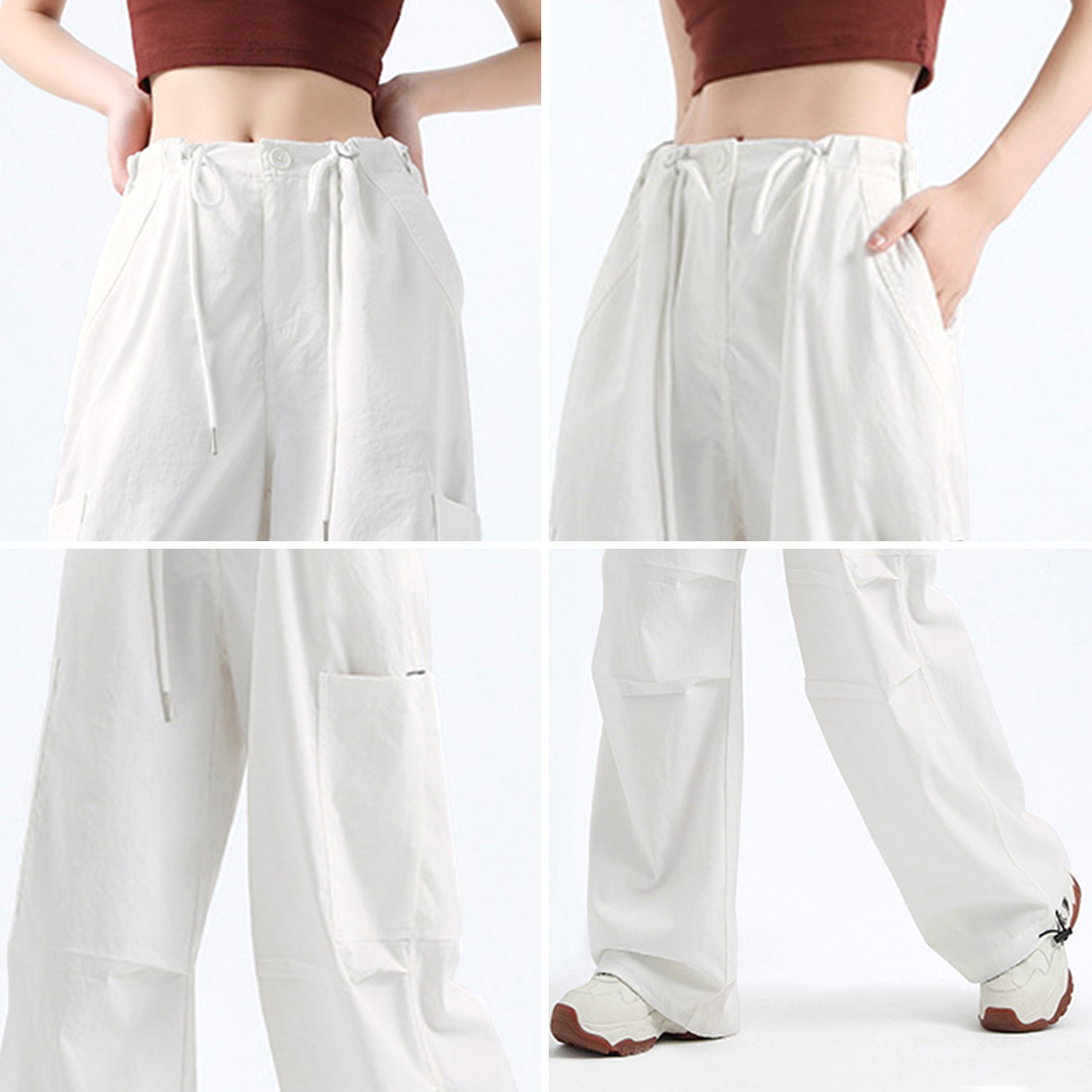 Women's Cargo Pants - Baggy Parachute Pants with Pockets for Everyday Wear, Adjustable Drawstring Waist