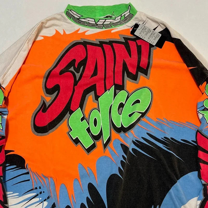 Quality Cotton Racing Style Oversized T Shirt Men Women Vintage Color Blocking Graffiti Saint Micheal Long Sleeve T-Shirt 250318