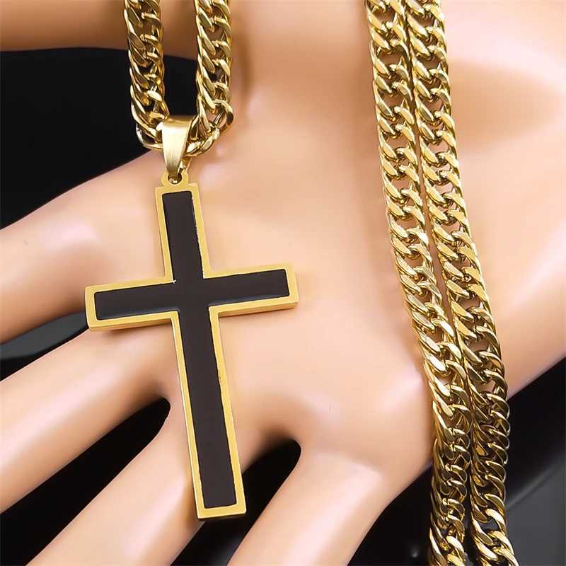 Punk Hip Hop Black Cross Pendant Necklace for Women Men Stainless Steel Gold Color Male Jesus Christ Chain Jewelry collar N8236S0 W250318