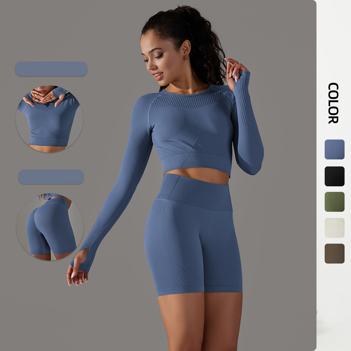 tracksuit Seamless Knitted Solid Color Jacquard Sports Yoga Suit Running Fitness Long sleeved T-shirt Two piece Set leggings