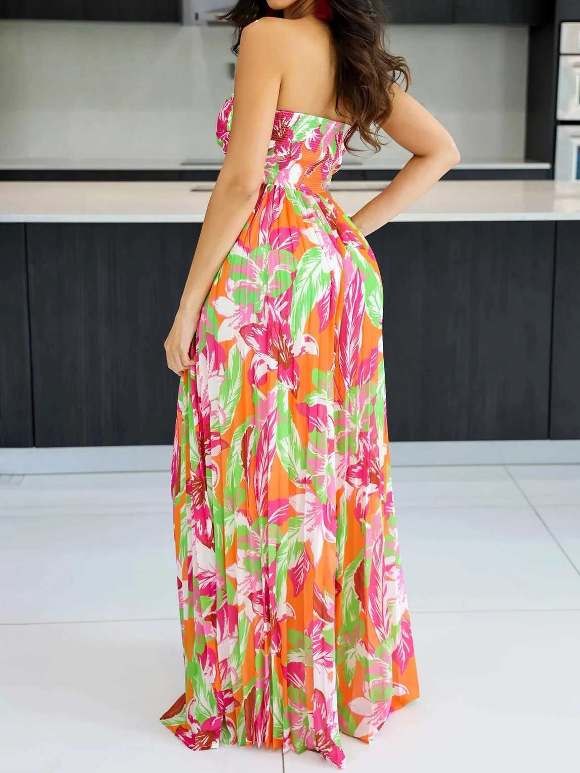 Summer elegant womens floral print jumpsuit strapless high waisted casual legs X250318