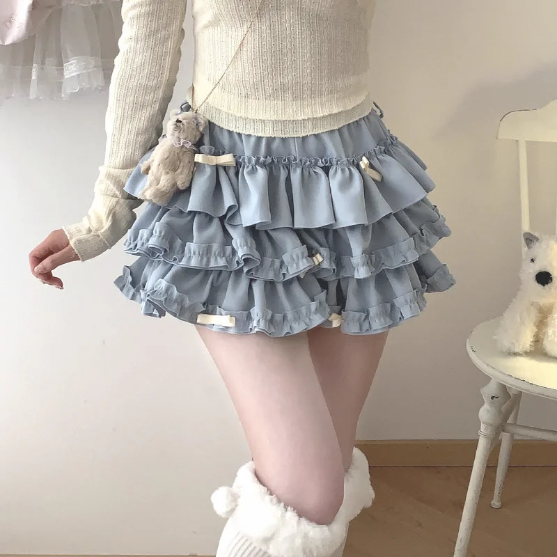 Y2K Sweet Ruffles Mini Skirt Women Kawaii Lolita Bow A Line Skirts Harajuku Japanese Cute High Waist Pink Blue Cake Skirt 250318