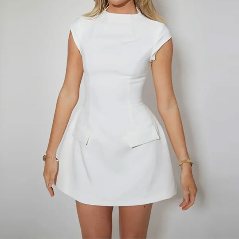 V119 Women's 2025 Spring New Amazon Temperament Elegant Solid Color Round Neck Short Skirt Sleeveless Slim Dress