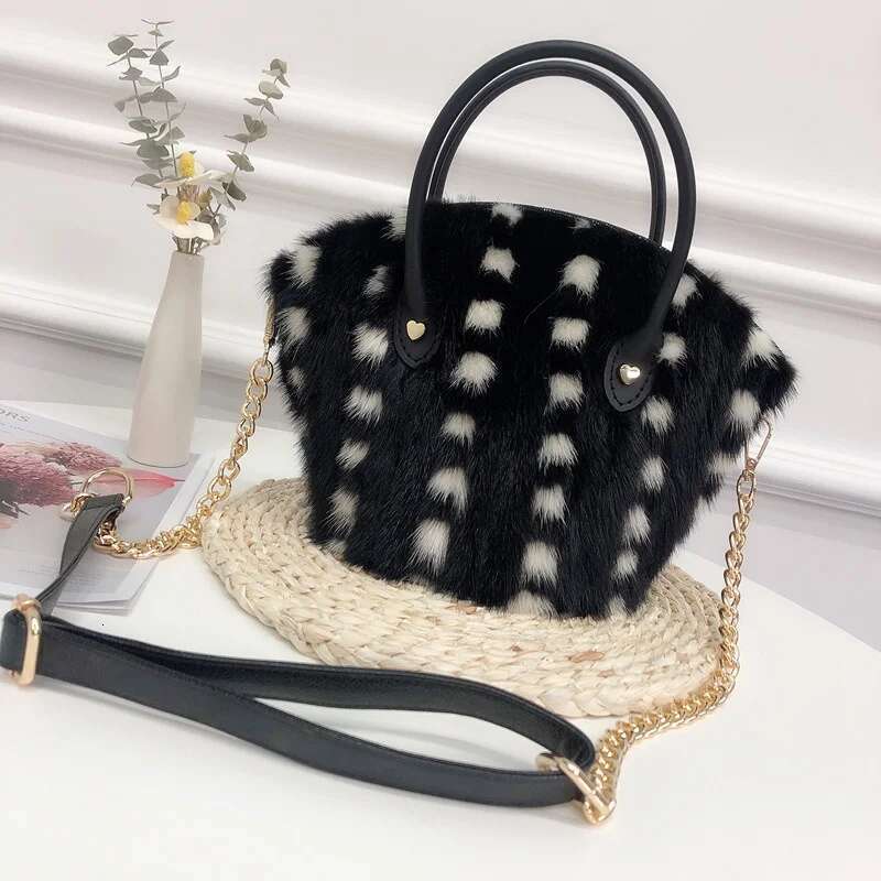 Mink Real Fur Bucket Women's Crossbody Shoulder Fashion Plush Handheld Ladies Shell Clutch Bag