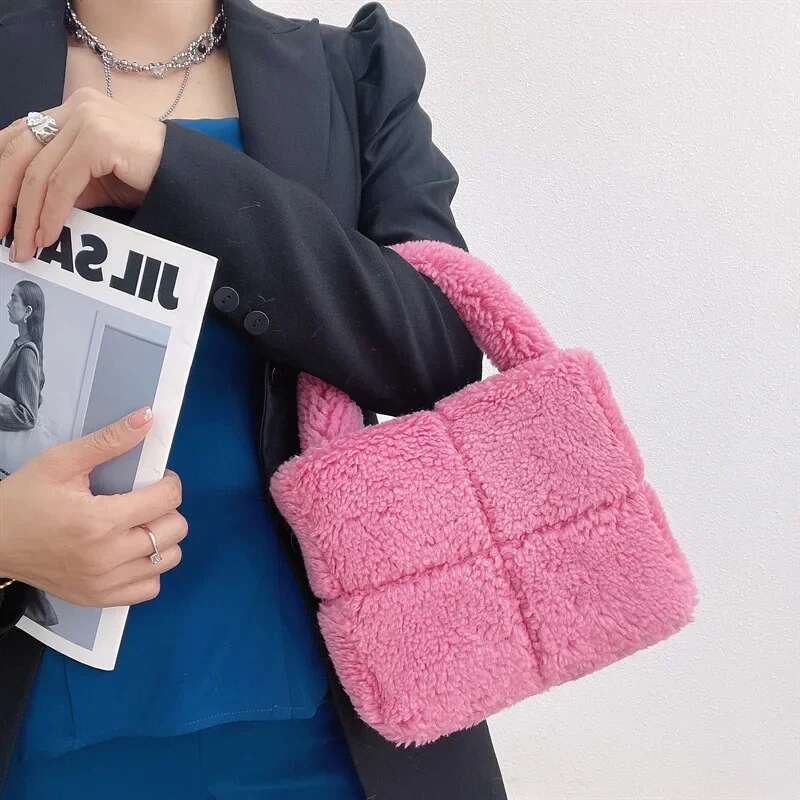 Winter New Plaid Lamb Wool Handbag Solid Color Fashion Ladies Plush Tote Bag Soft Fluffy Women's Small Faux Fur Purses Female