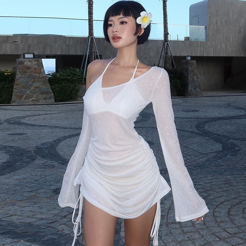 2025 Spring Summer New Sexy And Fashionable Wrinkle Hoodie Perspective Slant Neck Beach Dress