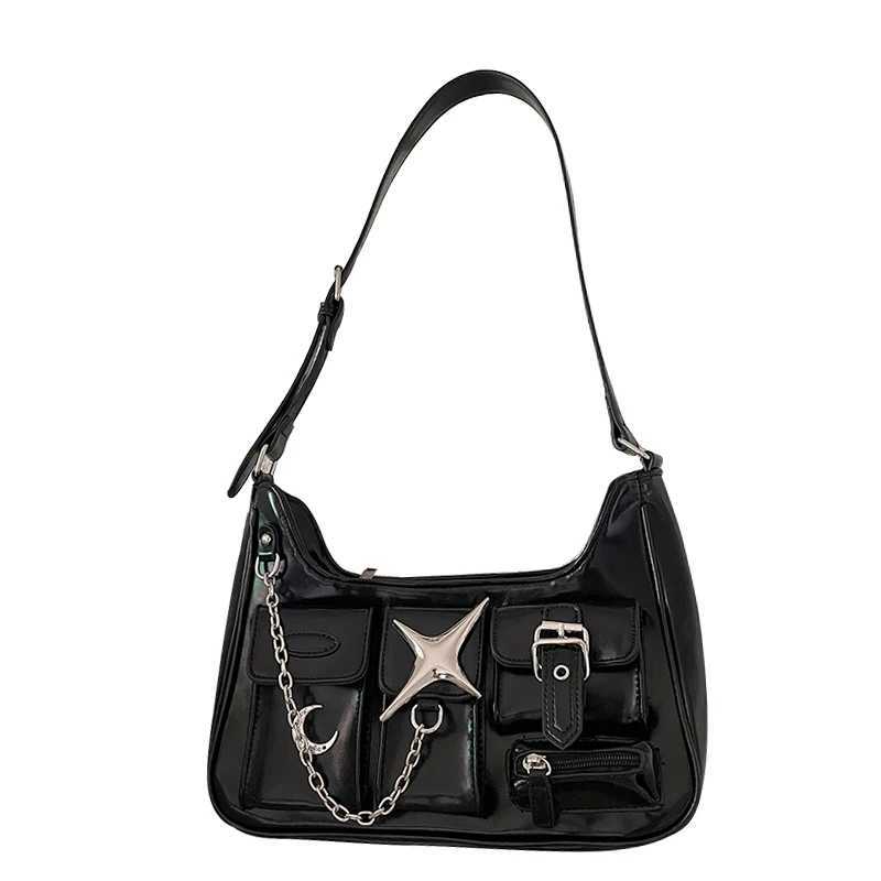 My Y2k goes to the Shoder bag Harajuku Fi Gothic casual black chain handbag hot girl Pu leather women motorcycle bag Sac Y250318