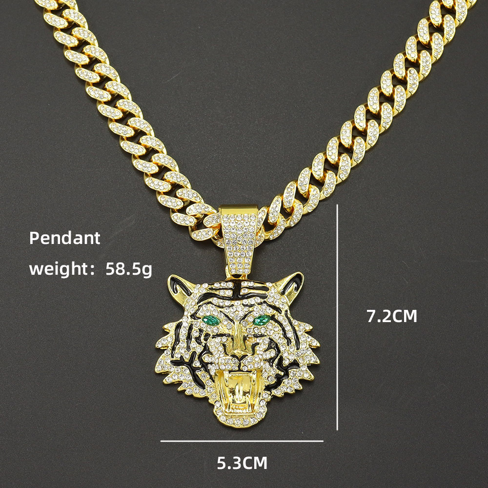 Personalized and trendy 3D full dia green eyes tiger head with encrypted Cuban chain necklace accessories pendant