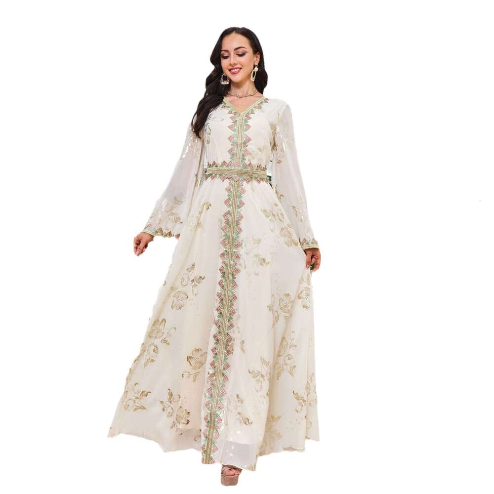 Mt037 Muslim Robe Women's New Hot Stamped Embroidered Lace Fashion White Dress