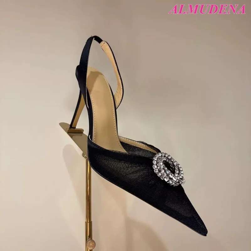 2025 New In Colorful Lace Mesh Crystal Buckled Sandals Women's Pointed Toe Elegant High Heels Sgback Party Shoes