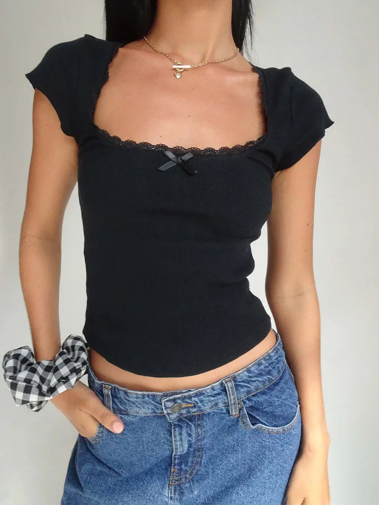 y2k Vintage Baby Tee Cottage Lace Trim Knitted T-Shirt Summer Square Neck Short Sleeve Tee Shirt Women White Milkmaid Crop Top 250318