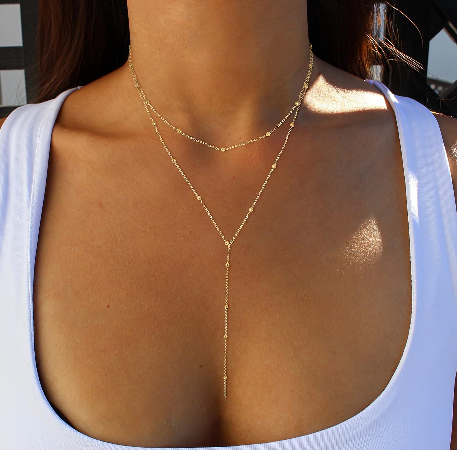 Women's lasso necklace, exquisite long 14k gold-plated/sier Y-shaped fashionable layered cubic zirconia bead pendant necklace simple gold jewelry