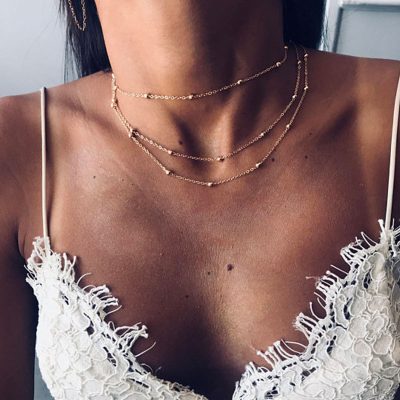 4mm Metal Ball Chain Three Layer Necklace Women's Bohemian Style Multi-layer Round Bead Chain Jewelry