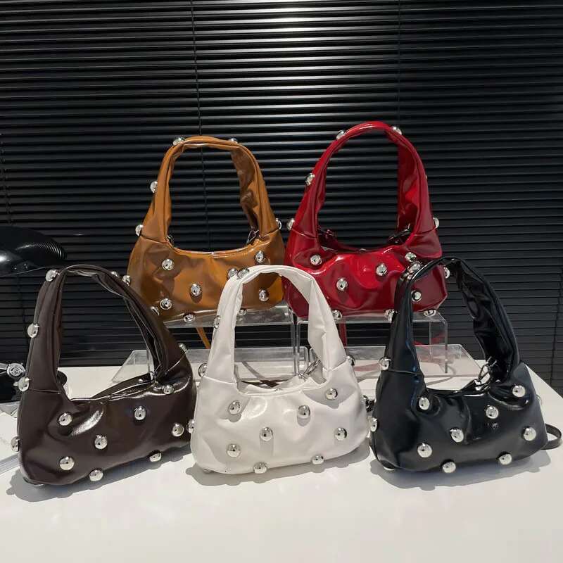 Rivet Women's 2025 Trend Patent Leather Fashion Handbag Woman Personality High Quality Underarm Shoulder Bag Ladies