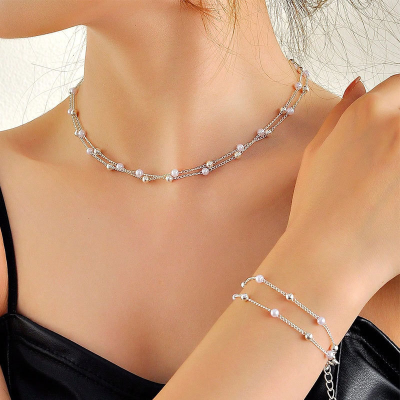 Double Bead Chain Necklace Women's Metal Ball Imitation Pearl Chain Multi-layer Choker Collarbone Chain Jewelry