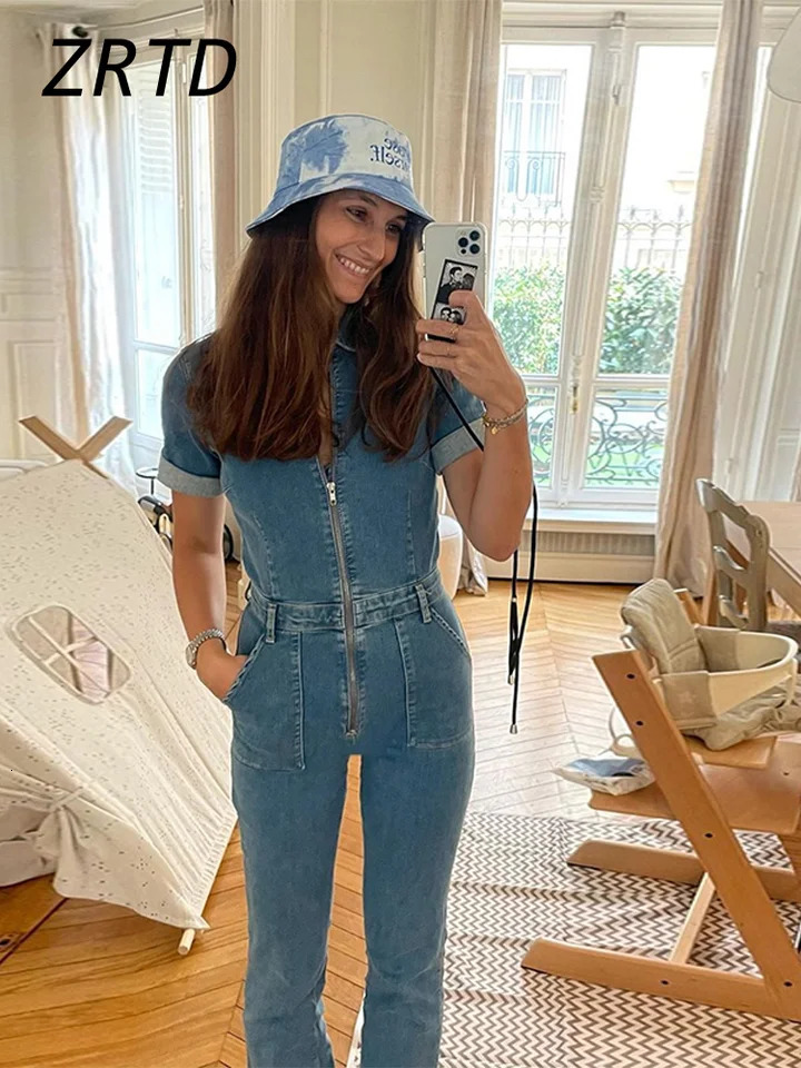 Street womens denim jumpsuit ultra-thin lapel short sleeved zipper high waisted womens jumpsuit spring womens fashion jumpsuit 250314