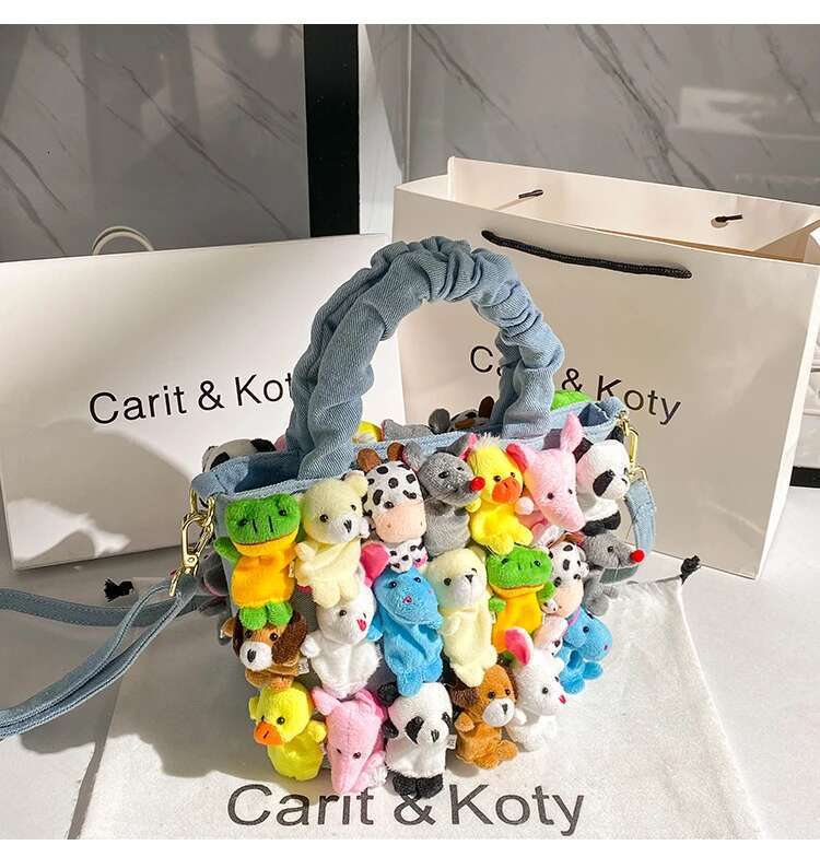 Blue Denim Cute Cartoon Doll Bucket Fashion Women's Handbag Lady Purse Shoulder Messenger Female Tote Casual Bag