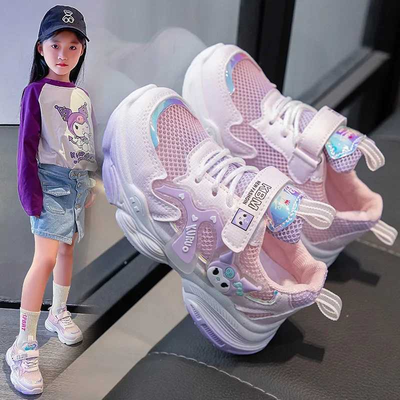 Childrens Kuromi casual sports shoes girls cute bow leather breathable board shoes students running shoes sports shoes W250318