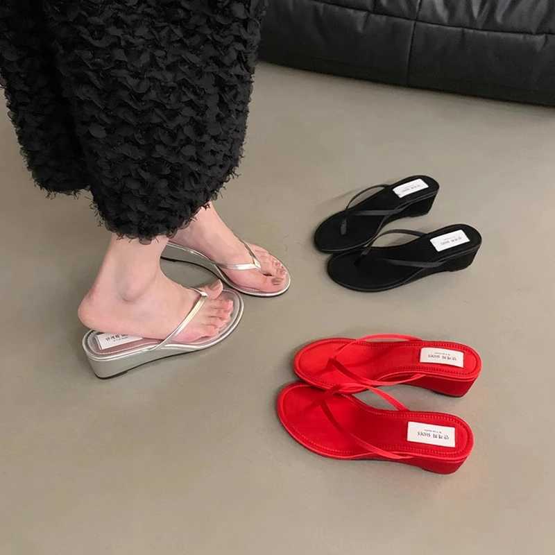 SUOJIALUN 2025 Summer New Wen Slipper Fi Narrow Band Ladies Slip Flip Shoes Low Wedge Heel Outdoor Dress Slides Y250317