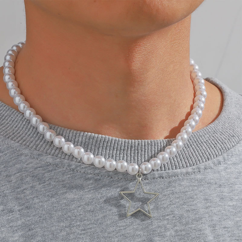 8mm Highlighter Imitation Pearl Necklace For Men And Women Hollow Five-pointed Star Pendant Necklace Jewelry