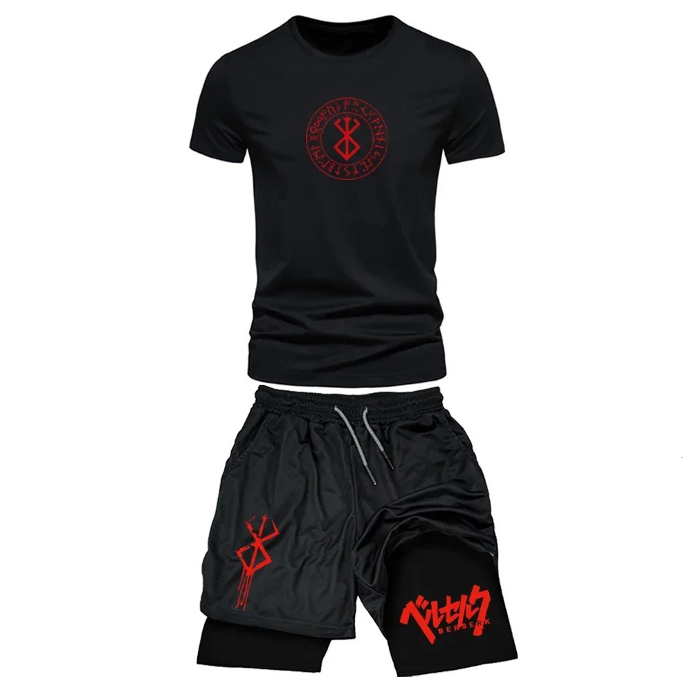 Mens Sports Streetwear Summer Breathable Casual T-shirt Set Outdoor Fitness 2-in-1 Compression Shorts Workout Track Clothes 250318