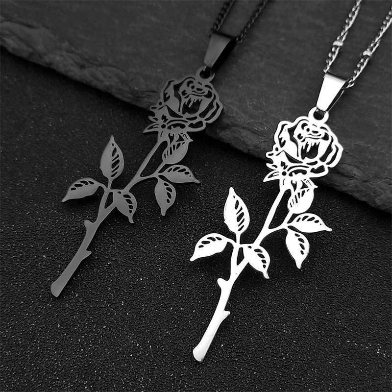 Hiphop Rose Pendant Necklace Mens Stainless Steel Silver Black Charm Chain Jewelry Gift W250318