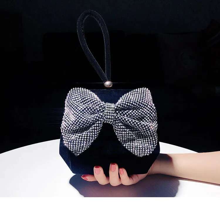 Fashion Women Handbag Veet Hobo Glitter Shiny Dias Bow Knot Evening Wedding Party Clutch Purse Shoulder Bag
