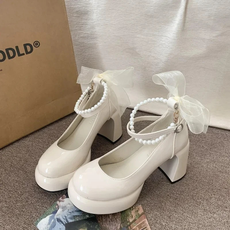 Mary Jane Shoes Womens Spring Ultra-high Heel Pearl Chain with Platform Block Heel Wedding Shoes Lolita Shoes 250318