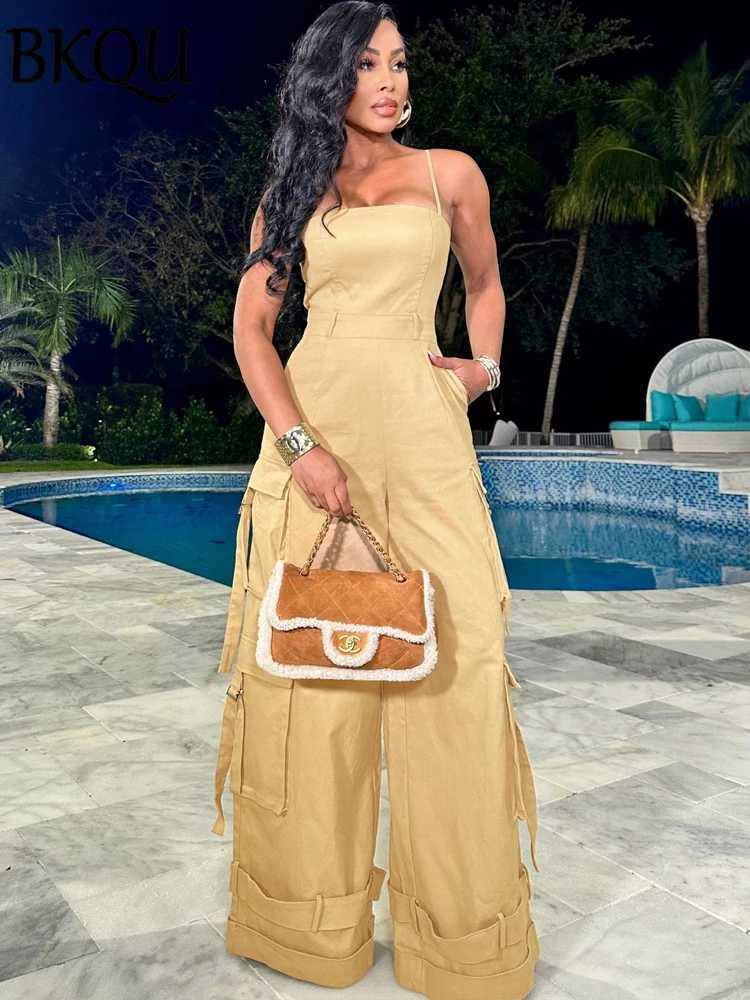 BKQU wide leg jumpsuit womens pocket spaghetti shoulder strap cargo integrated game server 2024 summer backless zipper shirt jacket X250318