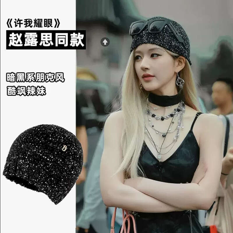 Zhao Lusi's same dark bow sequin knitted cold Korean version early autumn small fragrance style spicy girl headband hat