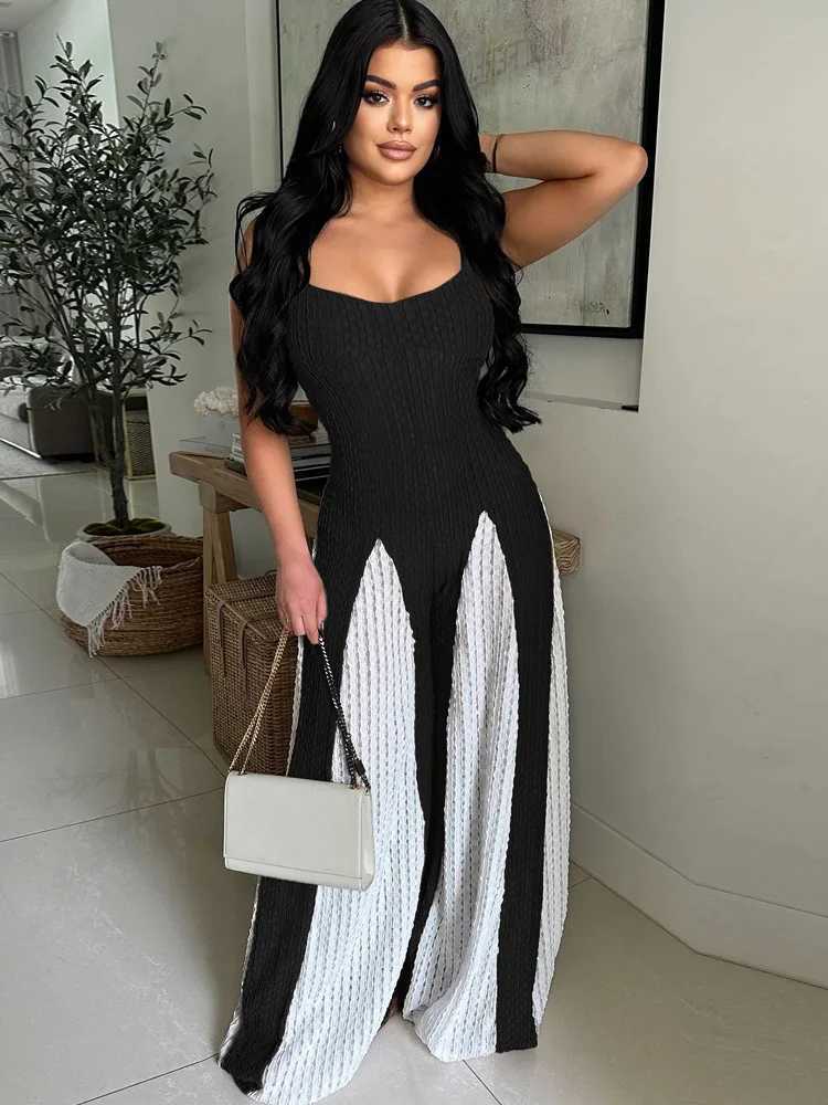 Beyprern womens patch work spaghetti shoulder strap knit wide leg jumpsuit one-piece set nightclub womens exercise set X250318