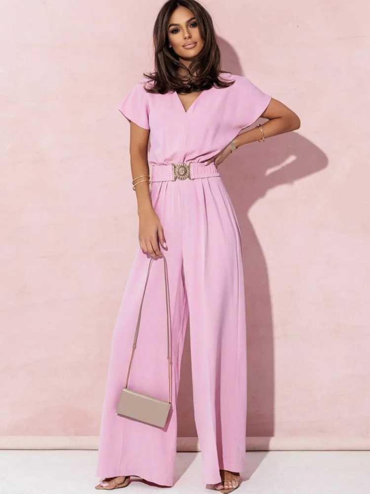 Fashion Women Solid V Neck Short Slve Jumpsuits Summer Casual High Waist Loose Jumpsuit Wide Leg Long Pants Romper With Belts X250318
