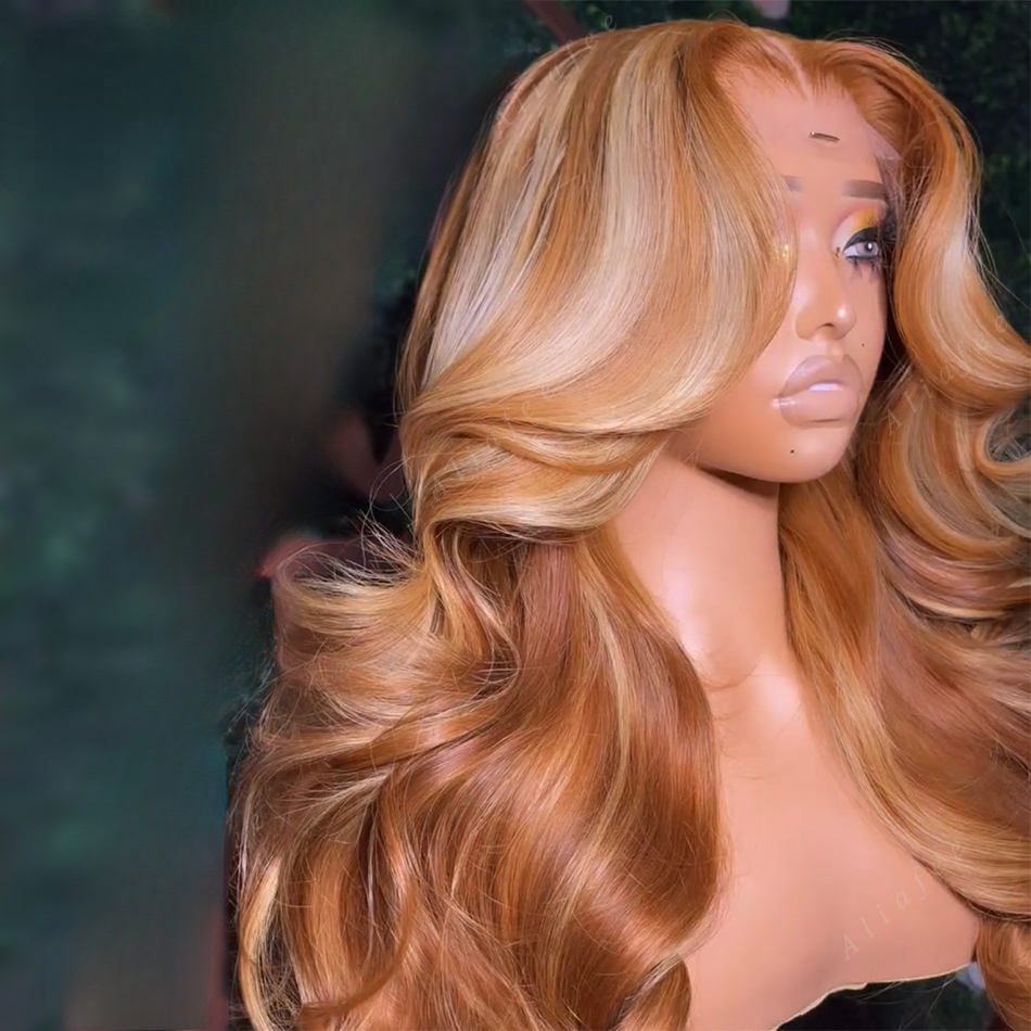 Peruvian Hair Honey Blonde Body Wave Lace Frontal Wig Transparent PrePlucked Highlight Colored 360 Full Lace Front Wigs Synthetic for Women