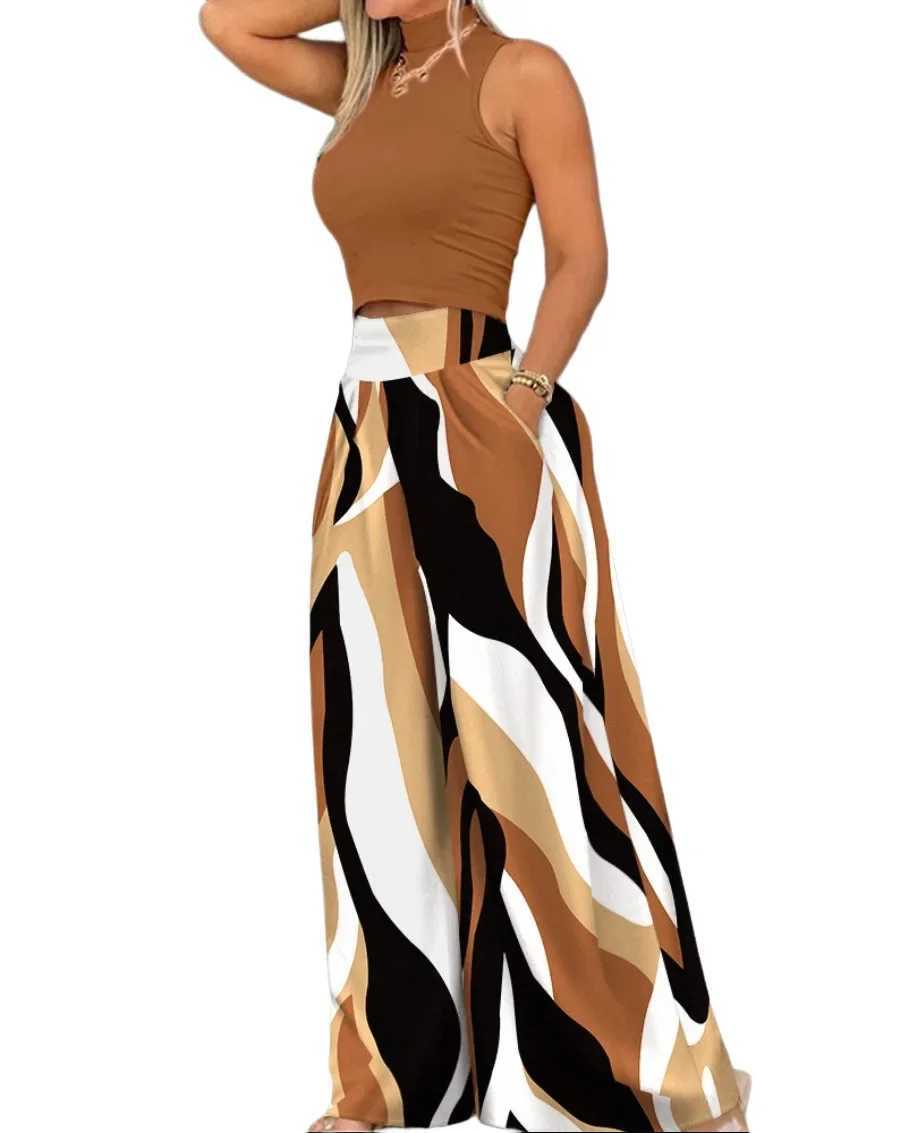 Womens loose wide leg pants jumpsuit full pants high waisted non-woven printed fashionable casual jumpsuit X250318