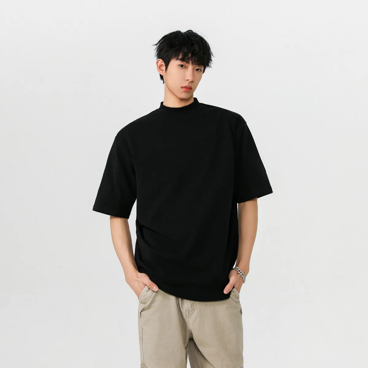 Black White Mens T shirt Cotton Short Sleeve Sports GYM Fitness T-shirts Tops For Man Mock neck Casual Tshirt 250318