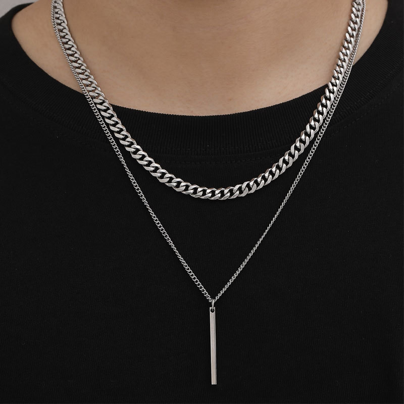 Hee Ha Men Double Pendant Necklace Titanium Steel Tag Metal Chain Sweater Chain Jewelry