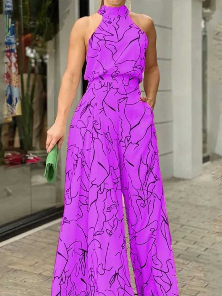Spring and summer new womens fashionable printed round neck sexy strapless pendant neck ultra-thin fit pocket jumpsuit X250318