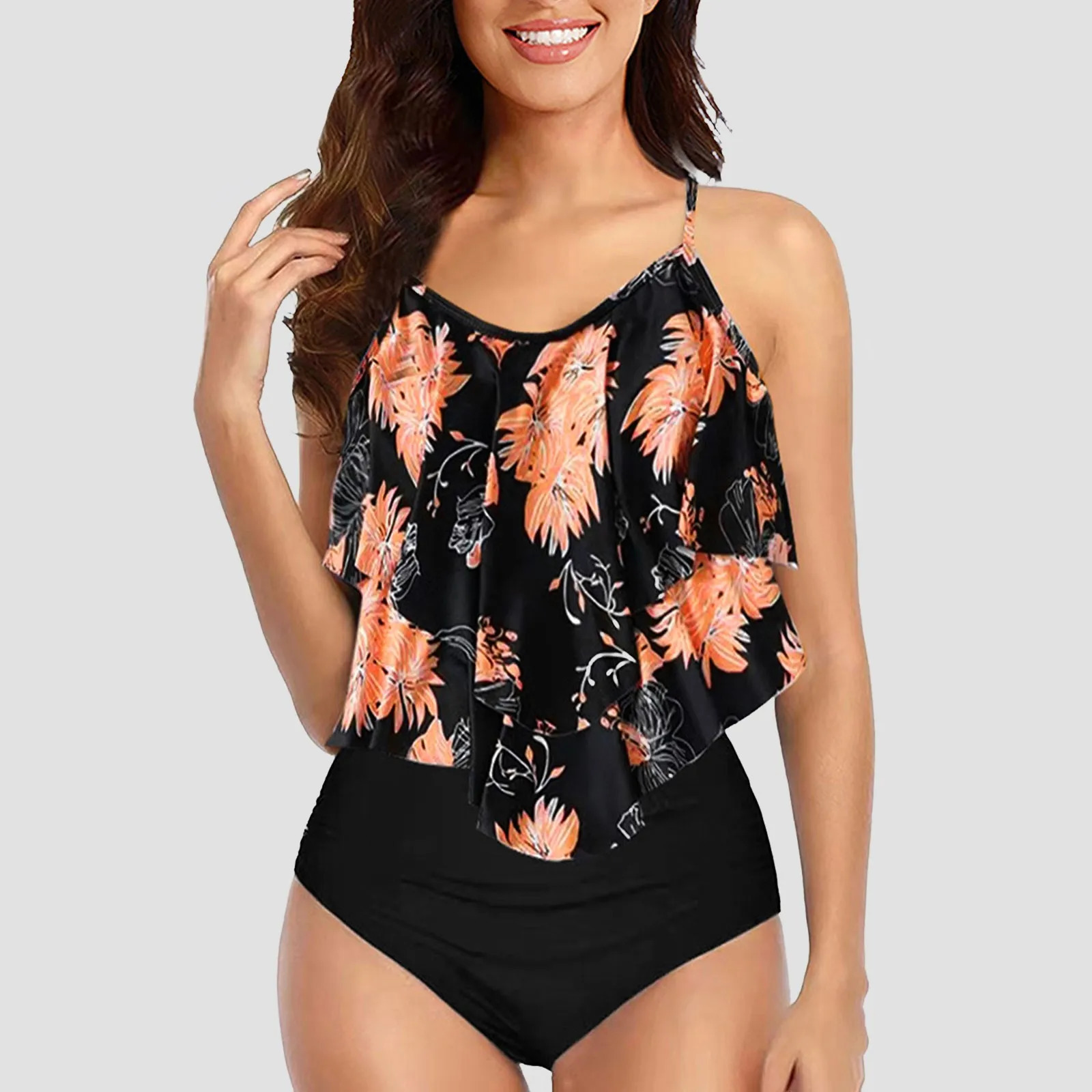 Women Swimsuit Summer Printed Ruffle Vest Swim Suit High Waist Bikinis Two Pieces Leopard Bathing Suits For Woman Plus Size 250317