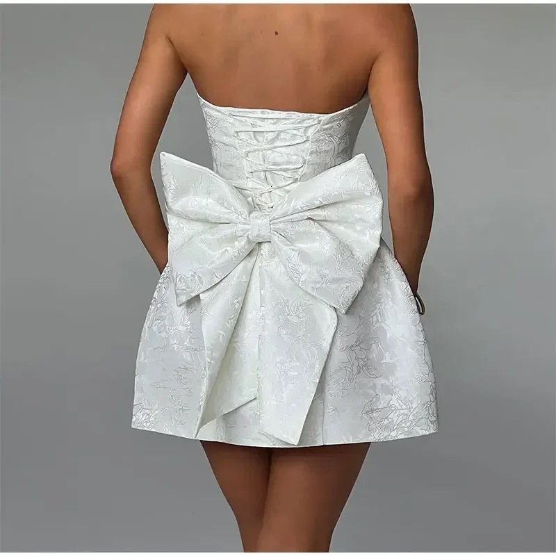 Summer 2024 New Women's Sweet Slim Fit Jacquard Bra Tie Bow Mini Dress