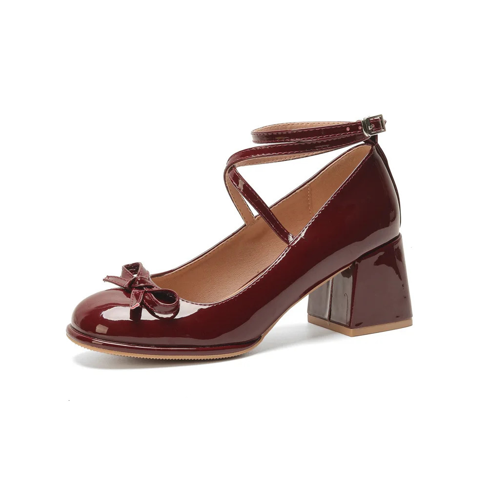 Red Mary Jane Women Pumps Fashion Bowknot Thick High Heels Female Lolita Square Toe Party Leather Shoes for Woman Sandals 250318