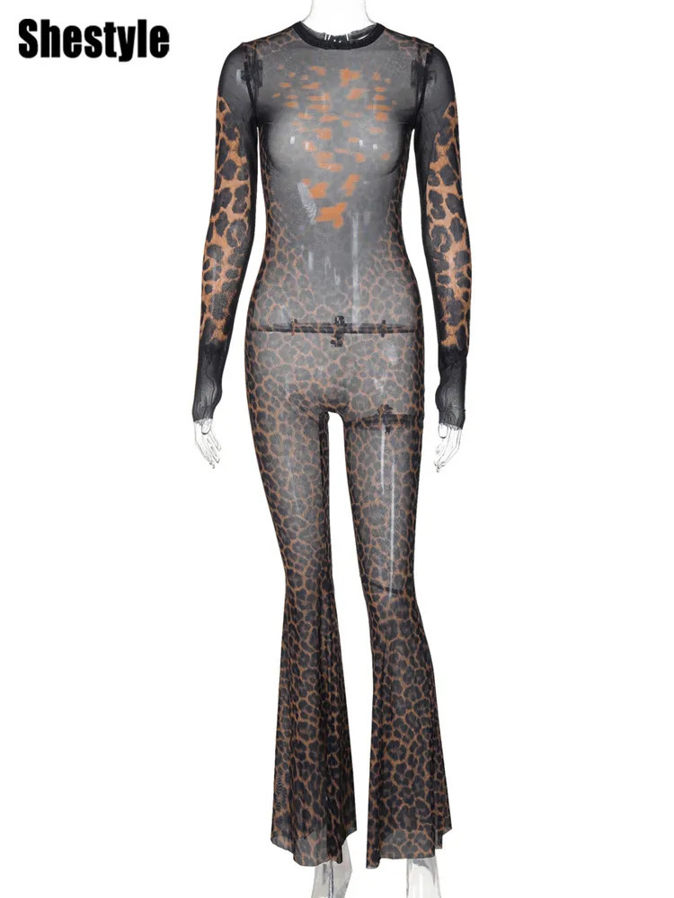 Shestyle Leopard transparent jumpsuit womens transparent sparkling zipper long sleeved crew neck autumn tight fitting club outfit 250314