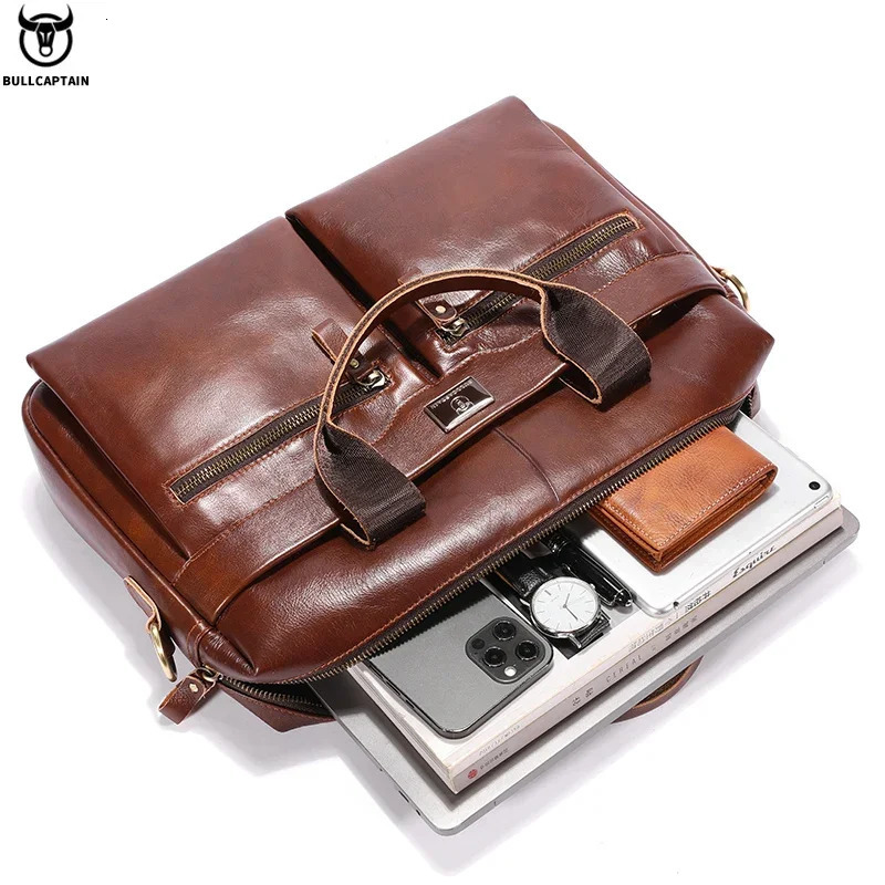 Bullcaptain briefcase shoulder bag mens genuine leather 14 inch laptop handbag office business mens fashionable simple briefcase 250317