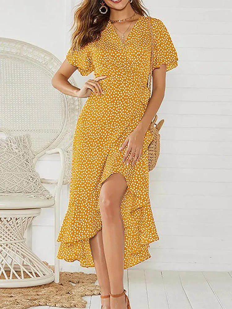 Summer beach long dress womens floral print bohemian long chiffon dress pleated bag casual V-neck split sexy party dress formal dress womens dress 250