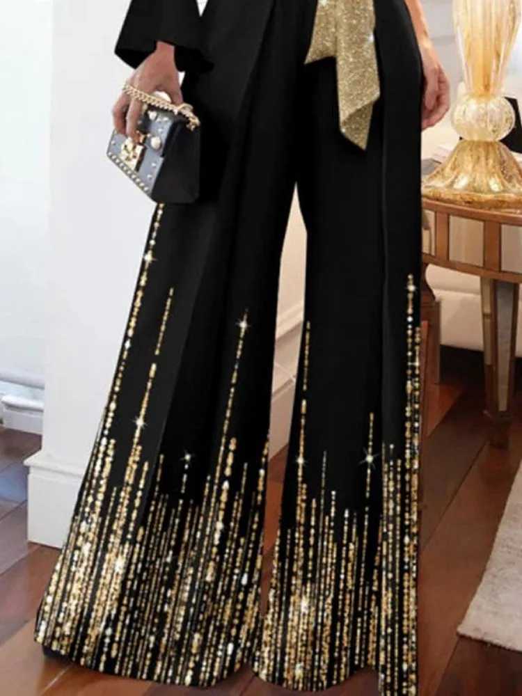 Yzzi Womens Fashion Shiny Printed Strap Waist jumpsuit 2025 New Slves Single Shoulder Skeleton Collar Wide Leg Party Set X250318