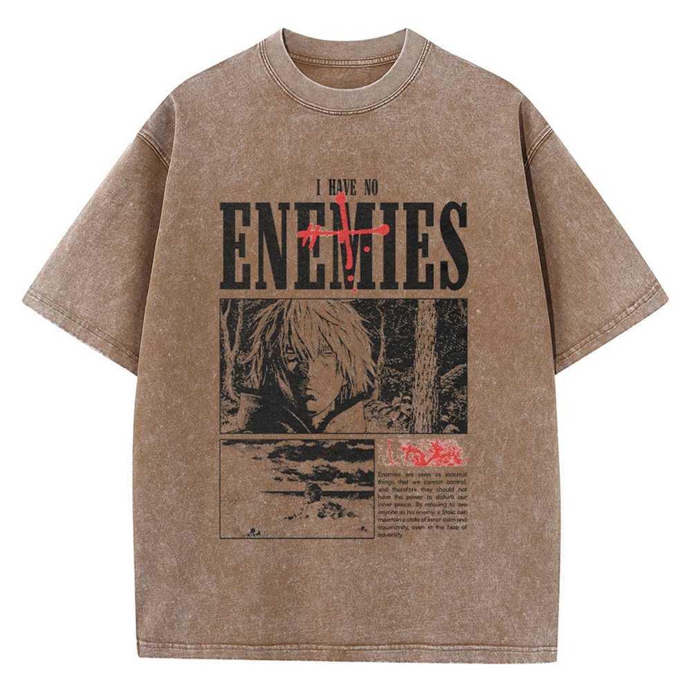 Hip hop mens streetwear retro wash T-shirt anime graphic T-shirt mens Harajuku cotton casual short sleeved loose retro topXJ250318