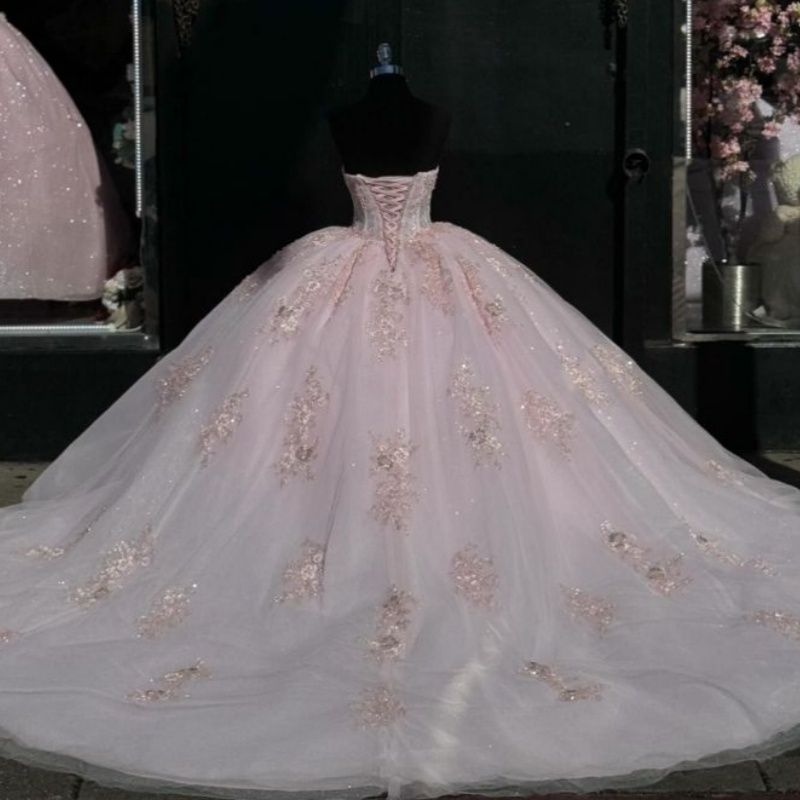 Light Pink Shiny Quinceanera Dresses XV Ball Gown Sequin Lace Applique Beads Tull Princess Sweet 16 Dress Birthday Party Vestido De 15 Anos