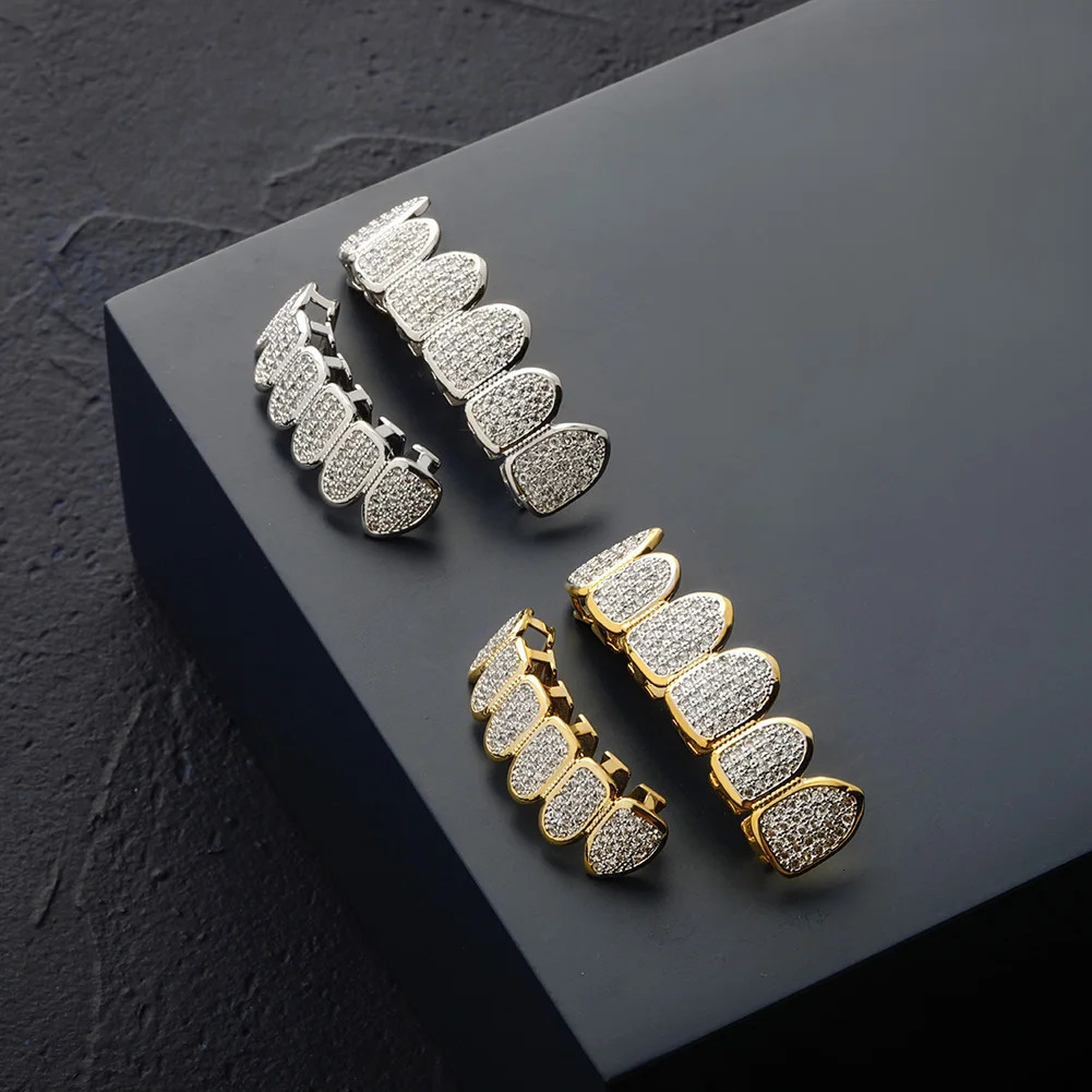 TOP Hip Hop Gold Color Plated Teeth Caps CZ Micro Pave Exclusive Top Bottom Gold Set Ship From US 250318