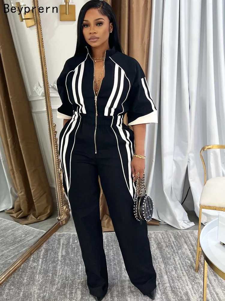 Beyprern Bragg Womens Sprint Right jumpsuit Slve Zipper Front Stripe jumpsuit Set Club jumpsuit X250318