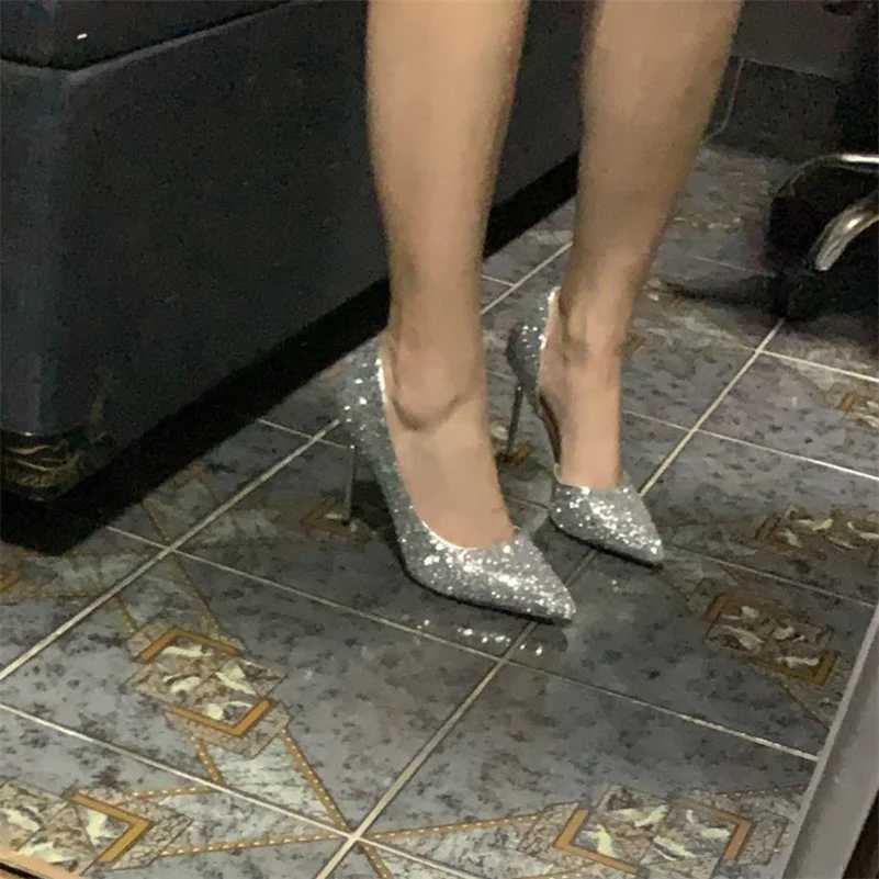 Plus size 34-43 Wen 9.5cm high H-striped gold Sier Bling Scarpins pump womens fine high heels wedding party fetish shoes Y250317