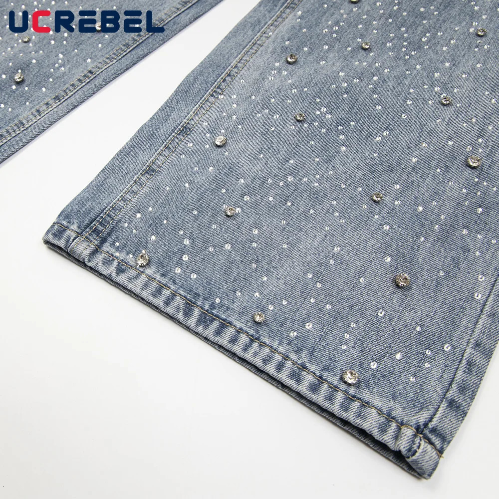 Rhinestone Washed Distressed Jeans Mens High Street Loose Straight Wide Leg Pocket Denim Pants Men Trousers 250318